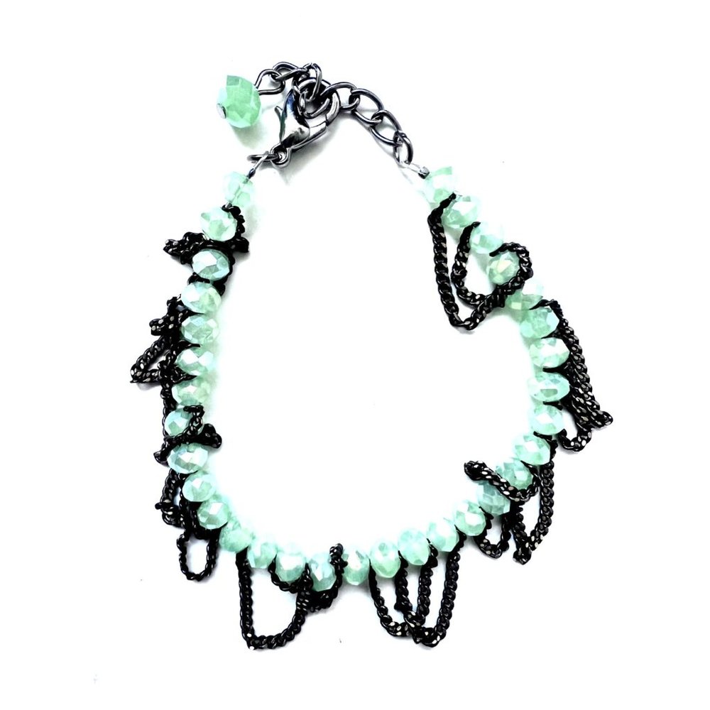 GREEN faux crystal beads with black chain Fashion Bracelet